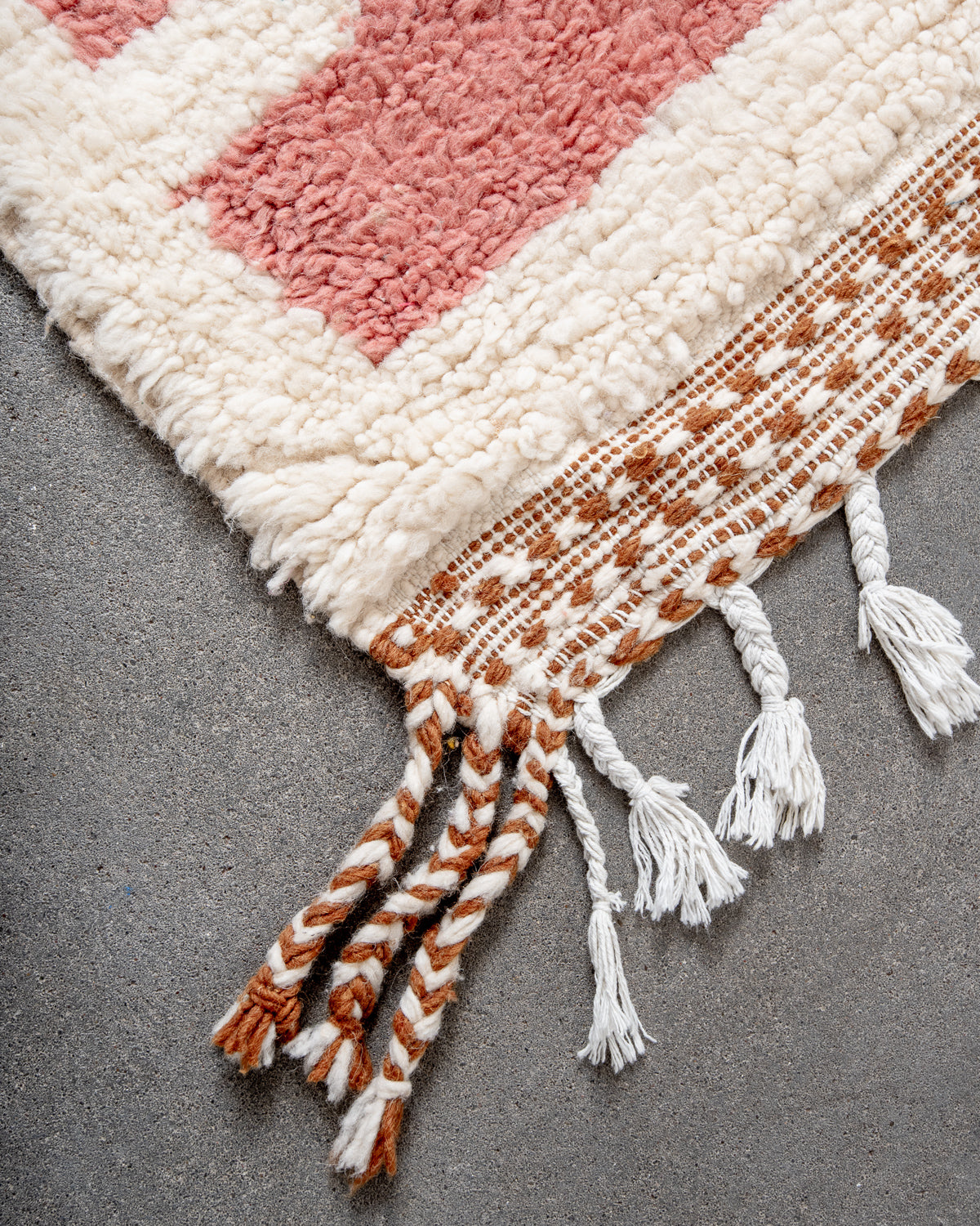 Modern, designer, handcrafted Berber rug from Morocco. Beniourain carpet with beautiful colours and patterns and fluffy wool texture.